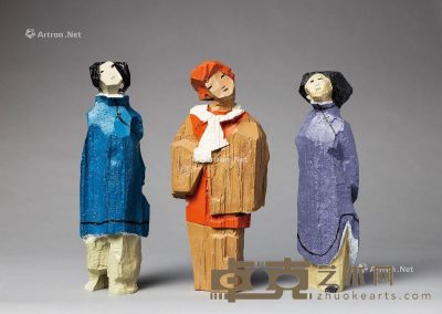 朱铭 人间系列-彩绘木雕组 树脂 左:26×10×10cm；中:25×15×9cm；右:23×11×8cm