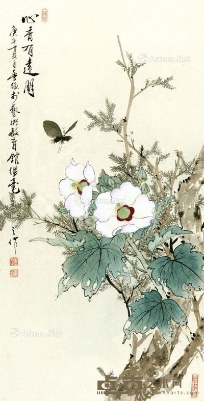 董梦梅 庚午年 1990年作 花蝶图 镜片 设色纸本 56×28.2cm