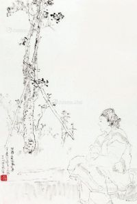 杨善深 癸酉年 1993年作 老妇 镜框 水墨纸本