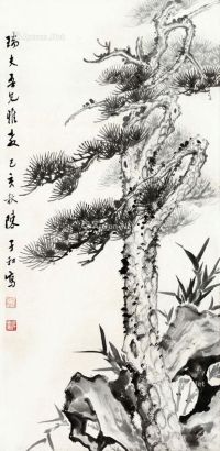陈子和 己亥年1959年作 苍松 托片 水墨纸本