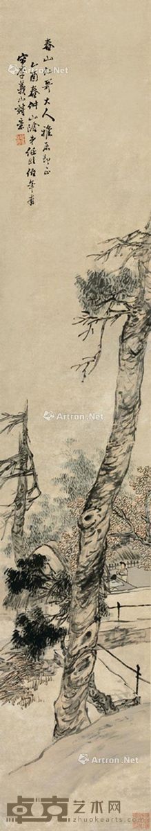 任颐 乙酉年 1885年作 写李义山诗意 立轴 设色纸本 118.7×21.4cm