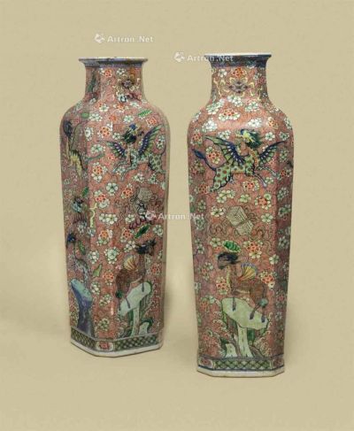19TH CENTURY A PAIR OF LARGE SQUARE-SECTION WUCAI VASES