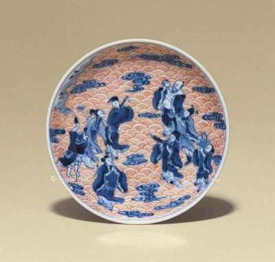 YONGZHENG SIX-CHARACTER WITHIN DOUBLE CIRCLE AND OF THE PERIOD（1 AN UNDERGLAZE BLUE AND IRON-RED DIS