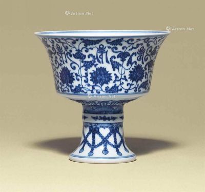QIANLONG UNDERGLAZE BLUE SIX-CHARACTER MARK IN A LINE AND OF THE A BLUE AND WHITE STEM BOWL
