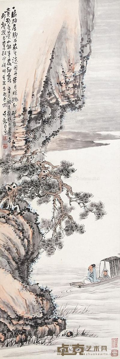 吴观岱 清流泛棹图 121×39cm