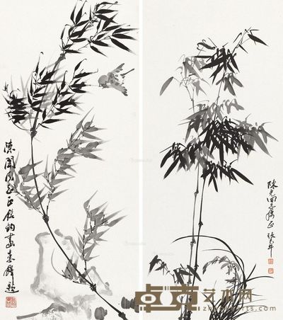 张光斗 铭钧 墨竹 张97×45cm；铭96×41cm