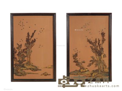 清中期 紫檀框黄漆嵌角雕山水挂屏 （一对） 99.5×66cm