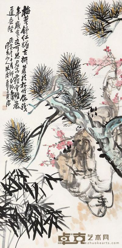 沈一斋 三友图 142×70cm