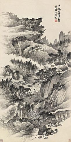 萧愻 1926年作 山麓人家 立轴 水墨纸本