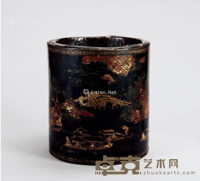 清 漆器漆金山水人物大笔筒 高23cm