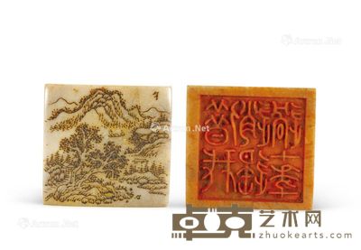 清 寿山石刻山水印章配木盖座子 3.9×3.7×2cm