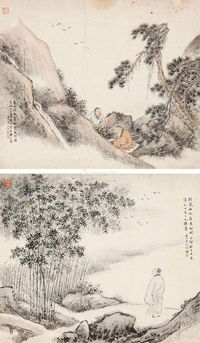 山水人物两副 画心 设色纸本