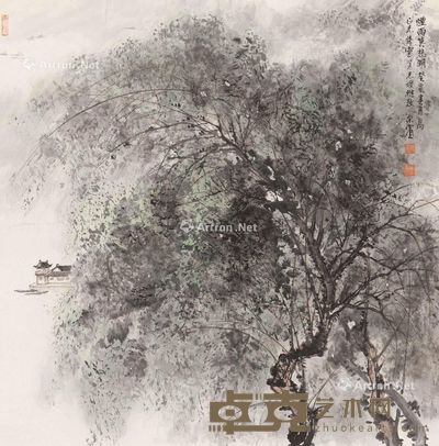 烟雨莫愁湖图 轴心 设色纸本 68.5×67cm
