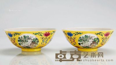 黄地粉彩轧道开光碗 （一对） 直径14.8cm