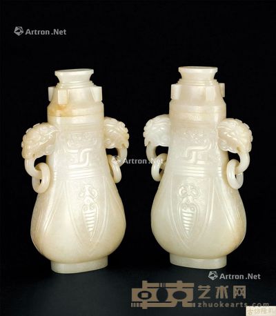 仿古白玉雕双狩首圏耳盖瓶 （一对） 高16cm