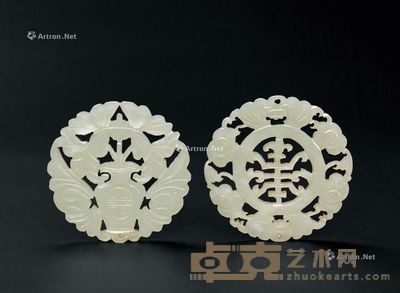 晚清/民国 白玉雕寿字花卉珮 （两件一组） 直径5.6-5.7cm
