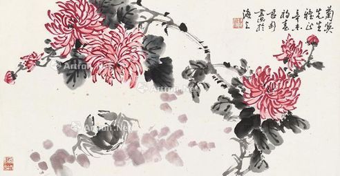 钱君陶 菊蟹图 镜片 纸本