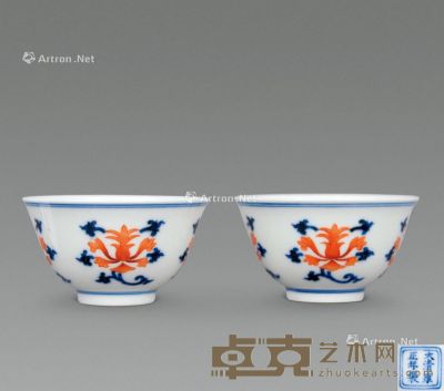 清 青花矾红花卉纹杯 （一对） 直径8cm
