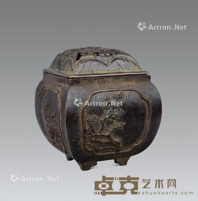 清 铜四方开光梅兰竹菊薰炉 长12cm