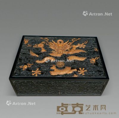 清 紫檀嵌黄杨木雕龙长方盒 43×30×15cm