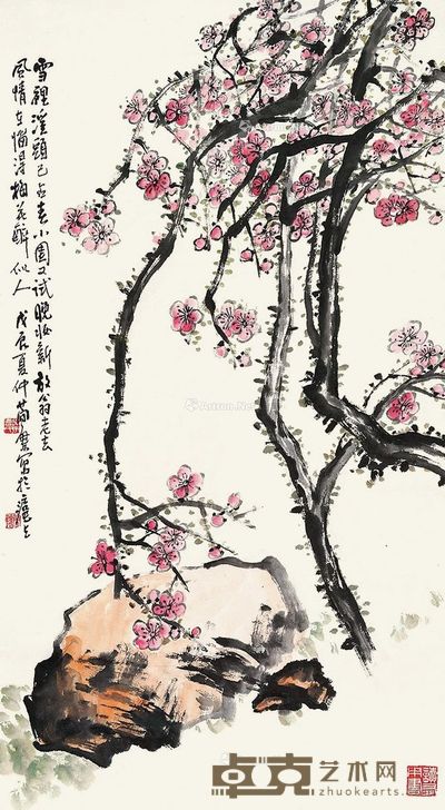 曹简楼 梅石双清 88×48cm