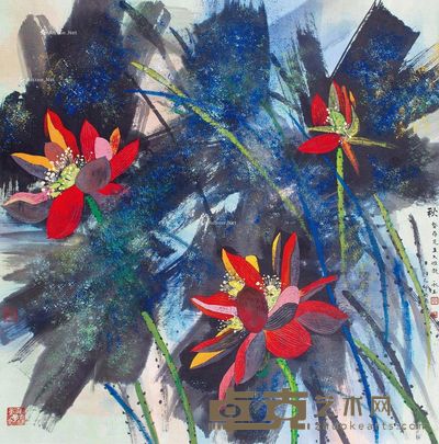 黄永玉 红荷 100×100cm