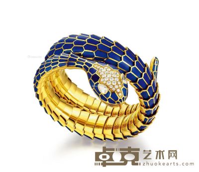 1960年代 18K黄金镶嵌天然钻石蓝色珐琅蛇型手镯 