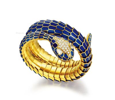 1960年代 18K黄金镶嵌天然钻石蓝色珐琅蛇型手镯
