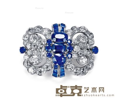1930年代 铂金镶嵌天然蓝宝石钻石胸针 