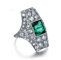 1910年代 英国爱德华时期铂金镶嵌天然钻石祖母绿戒指