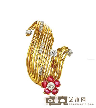 1955年 18K黄金镶嵌天然红宝石钻石胸针 