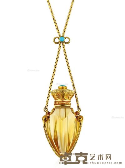 1840年代 法国王室旧藏罕见18K黄金镶嵌天然绿松石黄水晶香水瓶吊坠 