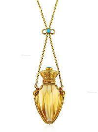 1840年代 法国王室旧藏罕见18K黄金镶嵌天然绿松石黄水晶香水瓶吊坠