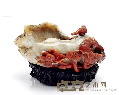 清乾隆 南红玛瑙雕喜上梢笔洗连座 长14.5cm