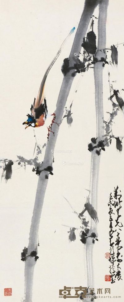 赵少昂 竹林小鸟 95×39.5cm