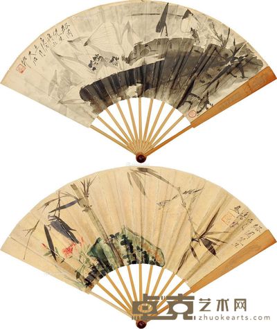 唐云 庚戌(1970)年作 荷塘情趣 竹石小鸟 成扇 设色笺本 19.5×53.5cm