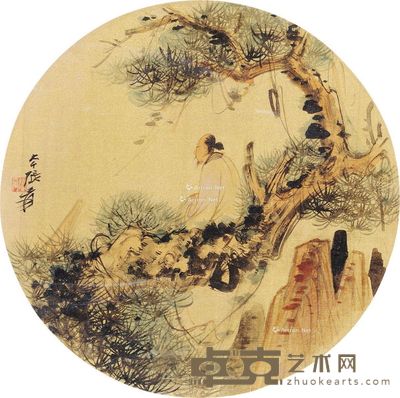 张大千 倚松图 镜框 设色绢本 直径25.5cm