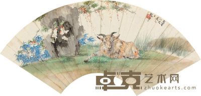 赵敬予 庭园卧羊 扇片 设色纸本 19.5×53cm