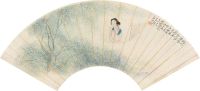 倪田 丁亥（1887）年作 倚窗仕女 扇片 设色纸本