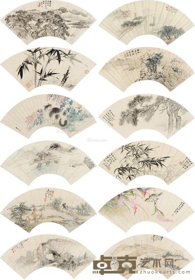 朱梅邨 汪昆 白蕉 唐云 扇面集册 册页 (十二开) 设色纸本 尺寸不一