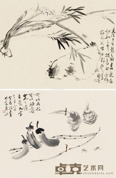 郑午昌 癸酉(1933)年作 时令鲜 (二件) 屏轴 水墨纸本 32×42.5cm×2