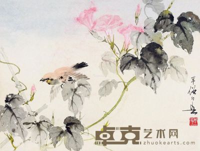 黄幻吾 牵牛小鸟 镜片 设色纸本 28×37cm