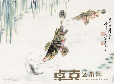 吴青霞 辛酉(1981)年作 春江鱼戏 镜片 设色纸本 33.5×45cm