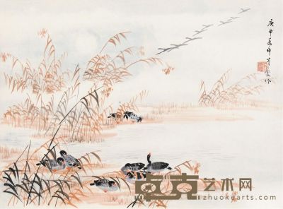 吴青霞 庚申（1980）年作 芦滩群雁 镜片 设色纸本 33×46.5cm