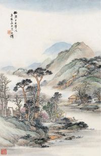 吴石僊 辛亥（1911）年作 渔村山色 镜片 设色纸本