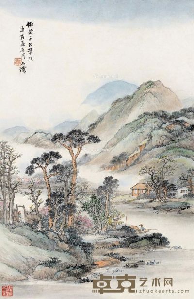 吴石僊 辛亥（1911）年作 渔村山色 镜片 设色纸本 51.5×33.5cm