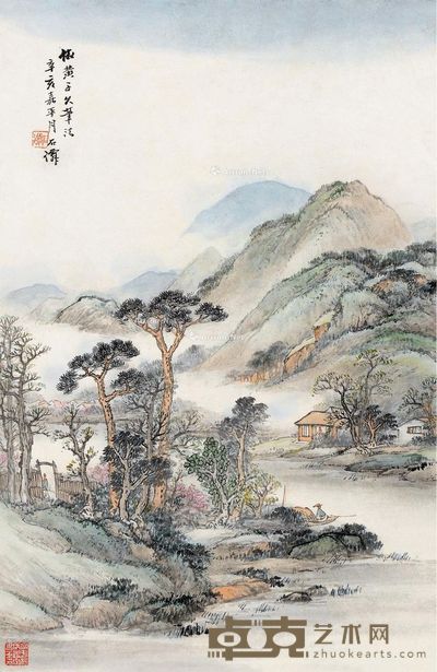 吴石僊 辛亥(1911)年作 渔村山色 镜片 设色纸本 51.5×33.5cm