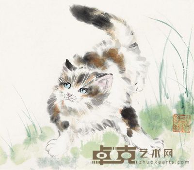 陶冷月 花猫 立轴 设色纸本 26×28.5cm