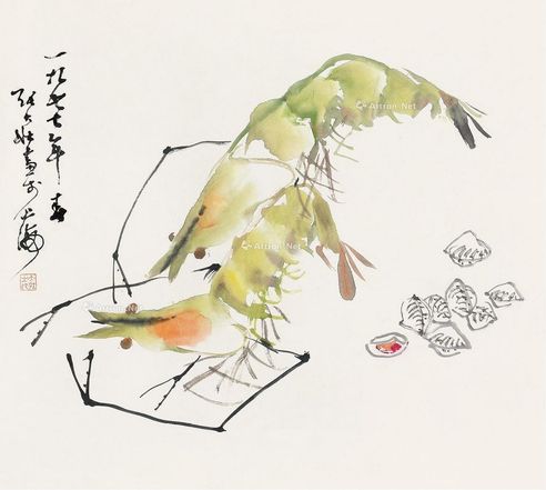 张大壮 1977年作 海鲜图 立轴 设色纸本