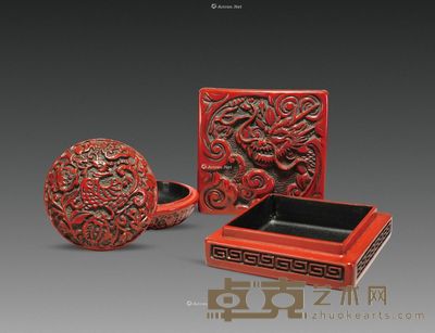 剔红龙凤纹印盒 （两件） 龙纹方印盒7.5×3cm；凤纹圆印盒直径6cm